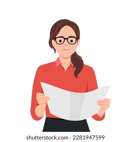 Woman reading paper document and speech bubble with info sign. Concept of professional guide, manual or instruction, counselor providing information. Flat vector illustration isolated on white backgro