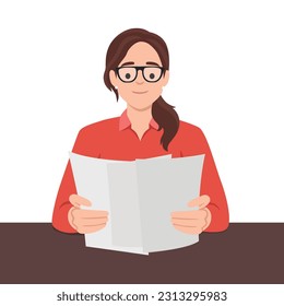 Woman reading paper document and speech bubble with info sign. Concept of professional guide, manual or instruction, counselor providing information. Flat vector illustration isolated