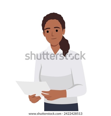 Woman reading paper document and speech bubble with info sign. Concept of professional guide, manual or instruction, counselor providing information. Flat vector