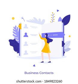 Woman reading phone book or notebook. Concept of contact information of business partners, digital communication with company or community. Modern flat colorful vector illustration for poster, banner.