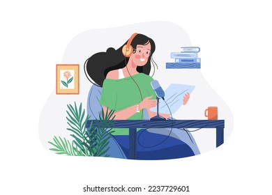 Woman Reading Podcast Script Illustration concept. A flat illustration isolated on white background