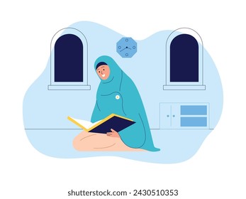 Woman reading Qur'an at night, muslim vector illustration.