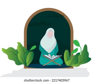 woman reading the Quran and praying during ramadan kareem holy mont, Flat style vector illustration