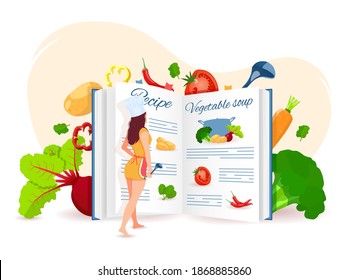 Woman reading the recipe, Recipe book and Vegetables around. Recipes, homemade food, food preparation, learning concept. Isolated vector illustration for flyer, poster, banner.