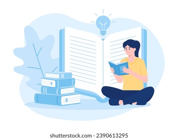 A woman is reading and searching to gain new knowledge trending concept flat illustration