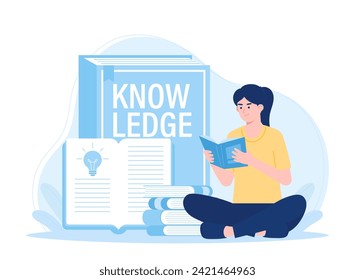 a woman is reading and searching to gain new knowledge trending concept flat illustration
