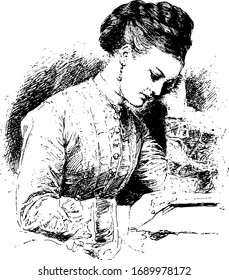 Woman Reading, sit,  vintage engraving.