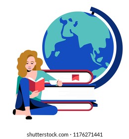 Woman reading and sitting near giant stack of books. Behind her are the giant the globe. Concept for a book festival, fair, reading challenge. Vector illustration of girl with books.