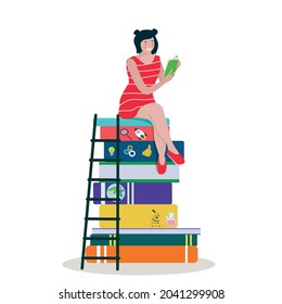 Una mujer está leyendo, sentada en un montón de libros grandes. Amantes del libro. El concepto de educación, capacitación y aprendizaje a distancia. Vector