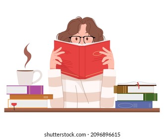 Woman Reading With Stack Of Books On Table In Library. Coffee And Reading, Bookworm Vector Illustration.