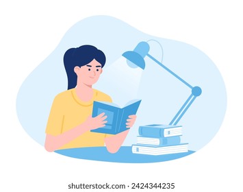 A woman reading with a stack of books and a study lamp trending concept flat illustration