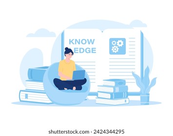 A woman reading with a stack of books trending concept flat illustration
