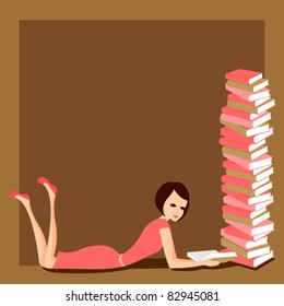 woman reading with stack of books vector