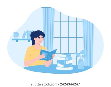 Una mujer leyendo en una sala de estudio con pilas de libros trending topic ilustración plana