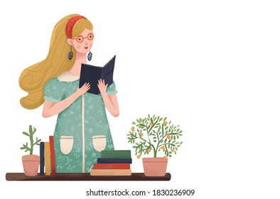 Mujer leyendo o estudiando. Chica con libros. Ilustración vectorial de dibujos animados planos modernos.