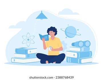 woman reading and studying science book trending concept flat illustration