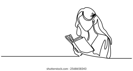 Woman Reading or Studying. Single Line Drawing Style with Editable Stroke, woman focused on reading interesting book continuous one line drawing, Single continuous line drawing happy woman sitting on 