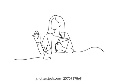 Woman Reading or Studying. Single Line Drawing Style with Editable Stroke, Woman reading a book continuous one line drawing. Person study by reading book in single line art illustration.