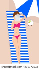A woman reading with a tablet PC at the beach, vector illustration