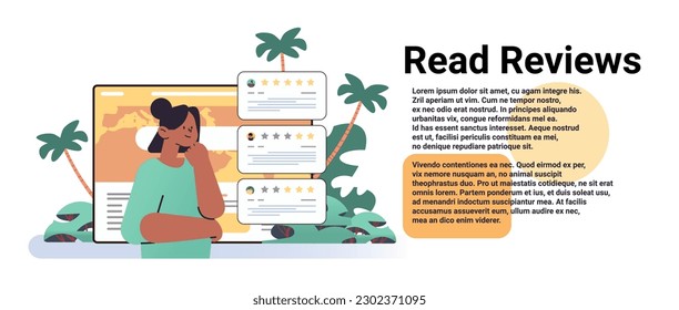 woman reading testimonials or leaving comments consumer review for comment and rate service or goods customer feedback