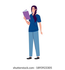woman reading text book standing character vector illustration design