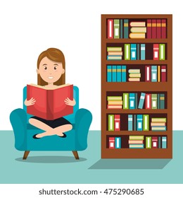 woman reading textbook icon vector illustration design