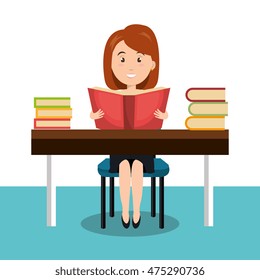 woman reading textbook icon vector illustration design