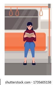 Leer en la ilustración semi-plana del vector del tren. Lectora sosteniendo un libro en el transporte público. Estudiante con cuaderno sentado en el desplazamiento. Personajes de dibujos animados 2D para uso comercial