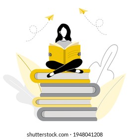 Frau liest, während sie auf dem Stapel großer Bücher sitzt. Die Schüler studieren in der Bibliothek, Literaturclub oder Buchfestival Konzept. Konzept der Fernstudium und Selbstbildung.