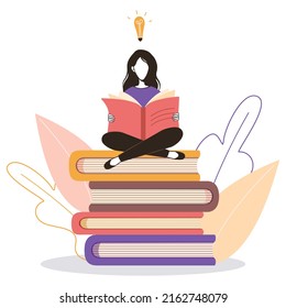 Woman reading while sitting on stack of big books. Students study in library, literary club or book festival concept. Concept of distance studying and self education.