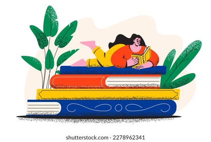 A woman is reading. A young girl is lying on books. Library or bookstore