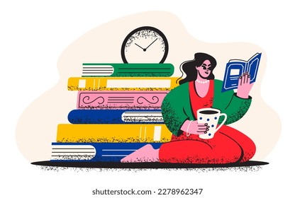 A woman is reading. A young girl is sitting on the floor and studying. Student and books. Cozy house or bookstore