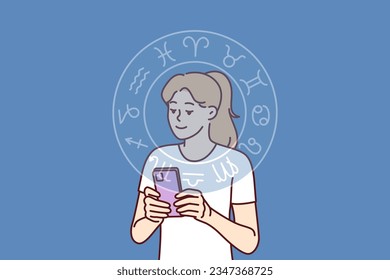 Woman reads astrological horoscope forecast on phone or finds out compatibility with zodiac signs. Horoscope wheel near girl with smartphone using mobile application with aracul predicting future