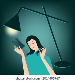 Woman reads bad news on smartphone at night - vector. Internet addiction. Doom scroll.
