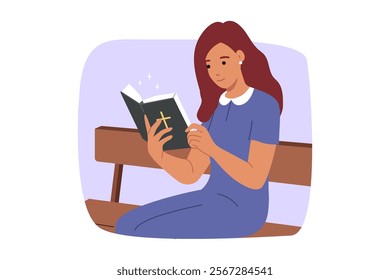 Woman reads bible sitting on park bench and studying religious rules and history of christianity. Book of bible with catholic crucifix on cover in hands of smiling girl studying gospel