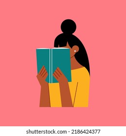 Woman reads book. Abstract hand drawn cartoon female character flat style, girl with open book. Vector illustration