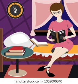 Woman reads a book in a bedroom. Girl with glasses holds book sitting on a bed in pink purple colors interior. Another books are on a bedside table. Education or leisure reading before going sleep