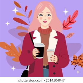 Woman reads book and drinks tea, or coffee outdoors. Fall picnic. Girl sitting on plaid on field or in the park. Rural landscape. Cozy autumn. Coffee too go