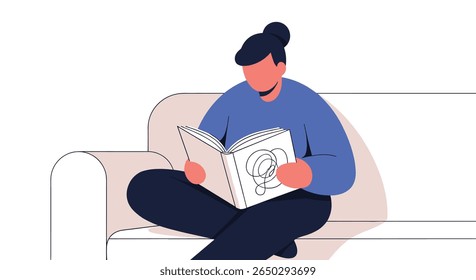 Mulher lê um livro desfrutando de seu tempo livre em uma poltrona confortável
