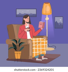 Woman reads book in evening concept. Young girl with textbook or fiction at chair. Love for reading and literature, useful hobby and leisure. Education and training. Cartoon flat vector illustration