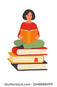 A mulher lê o livro. Garota sentada na pilha de livros.  Educação, biblioteca, conceito de literatura. 