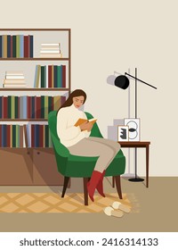 A woman reads a book in a home library on a green chair. Free time with a book. Vector illustration.