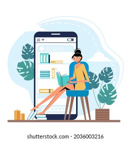 Woman reads a book on the background of a smartphone. Online library of books. Vector illustration in flat style.