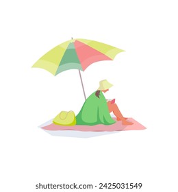 Woman reads the book on the beach sitting under the umbrella. Vector color isolated illustration.