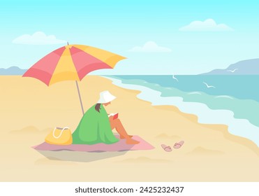 Woman reads the book on the beach sitting under the umbrella. Vector color illustration.