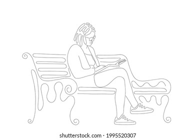 Woman reads book on park bench. Vector line art illustration. Modern minimalistic style. 