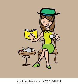 Woman reads book tea break cartoon