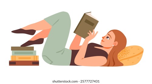 A woman reads a book while lying on a cozy pillow. A young student enjoying her favorite book in a tranquil setting. Flat vector illustration.