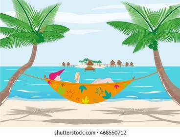 A woman reads a book while resting on a beach. Editable Clip Art.