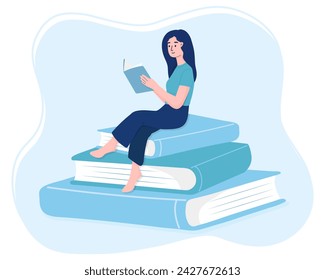 A woman reads a book while sitting on a pile of huge books. Modern vector flat illustration.